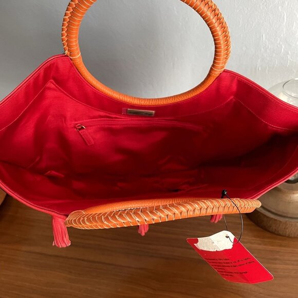 SHANGHAI TANG Leather & Canvas Tote Handbag Stones Tassels - Picture 3 of 8